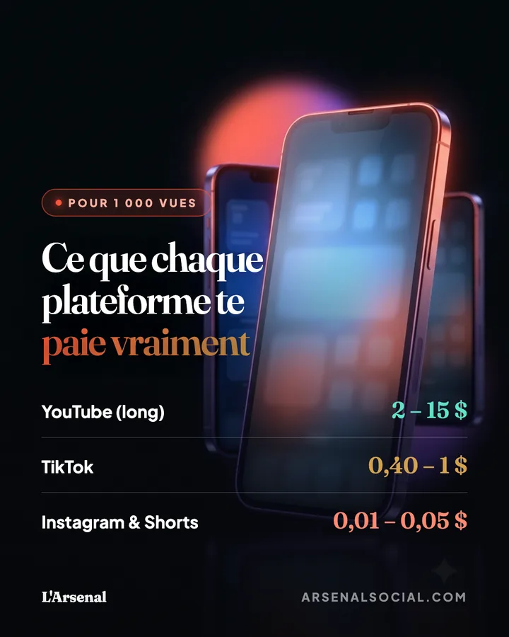 Ce que chaque plateforme paie pour 1 000 vues : YouTube 2 à 15 $, TikTok 0,40 à 1 $, Instagram et Shorts 0,01 à 0,05 $.